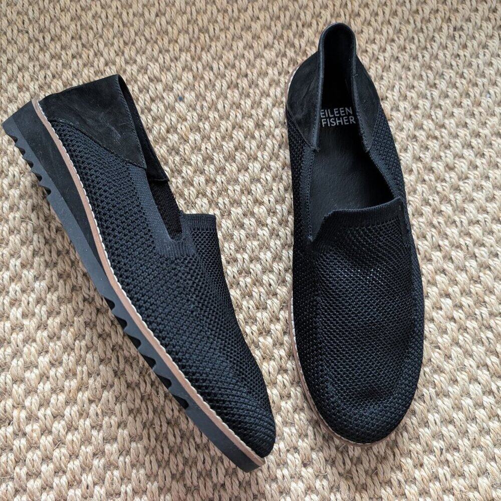 EILEEN FISHER Black Emery Loafer Stretch Knit & Suede SlipOn Shoes US 8.5 NWOB